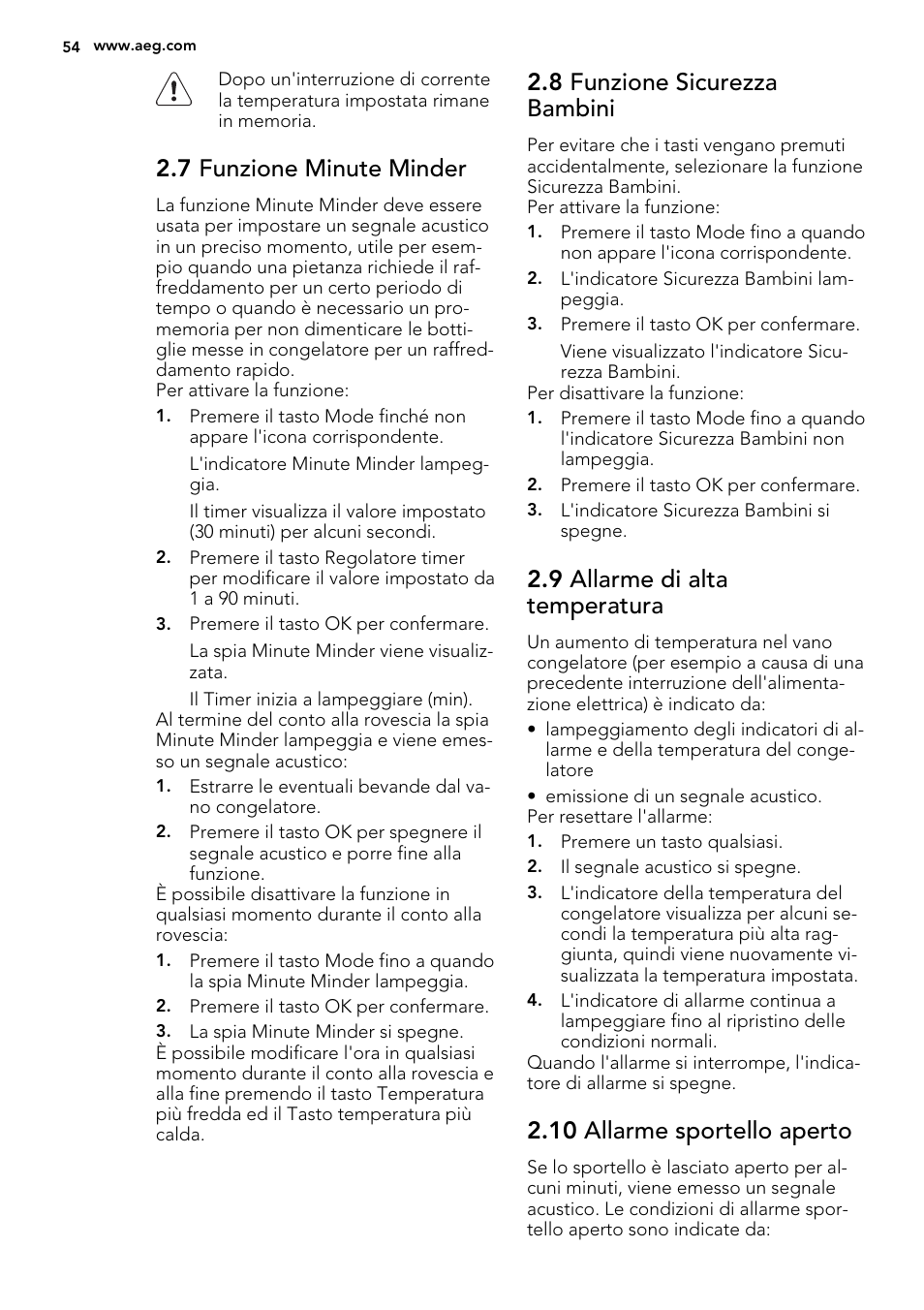 7 funzione minute minder, 8 funzione sicurezza bambini, 9 allarme di alta temperatura | 10 allarme sportello aperto | AEG SKS81240F0 User Manual | Page 54 / 72