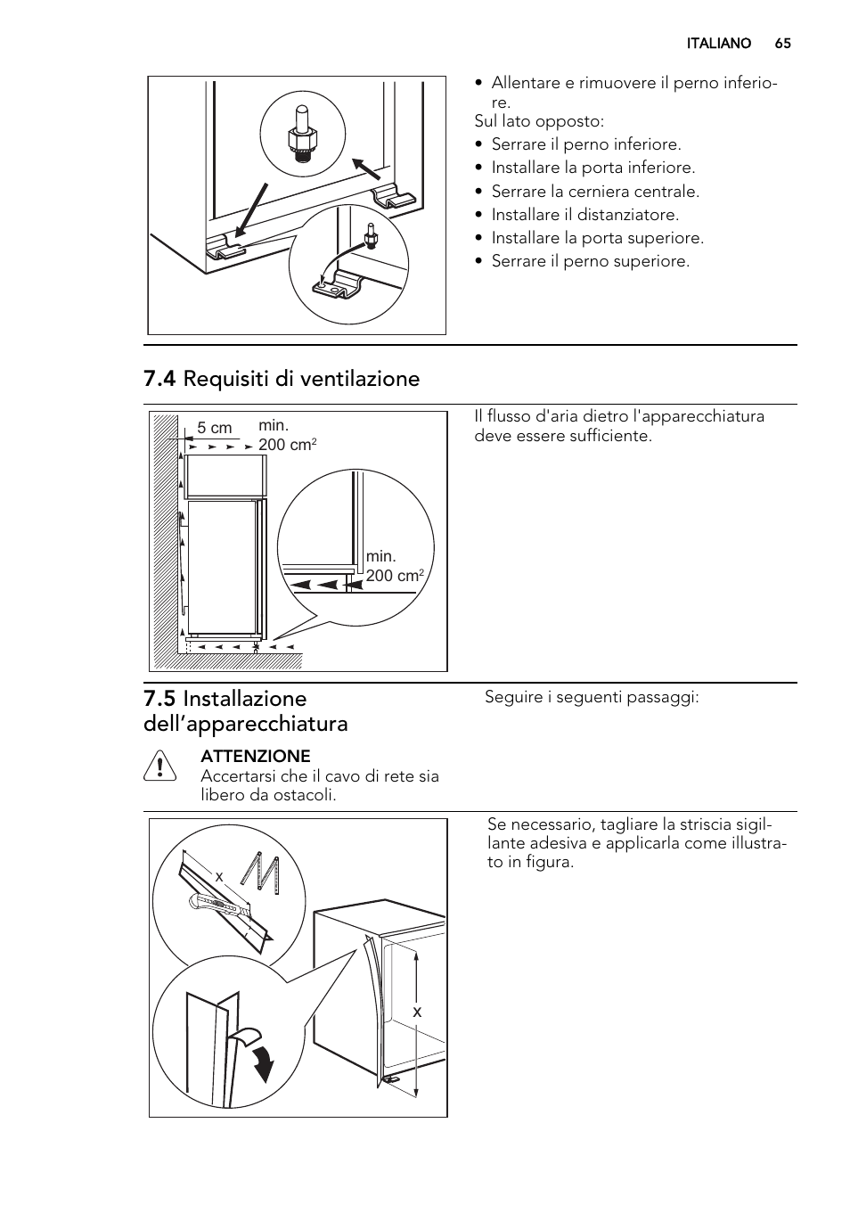 4 requisiti di ventilazione, 5 installazione dell’apparecchiatura | AEG SKS81240F0 User Manual | Page 65 / 72