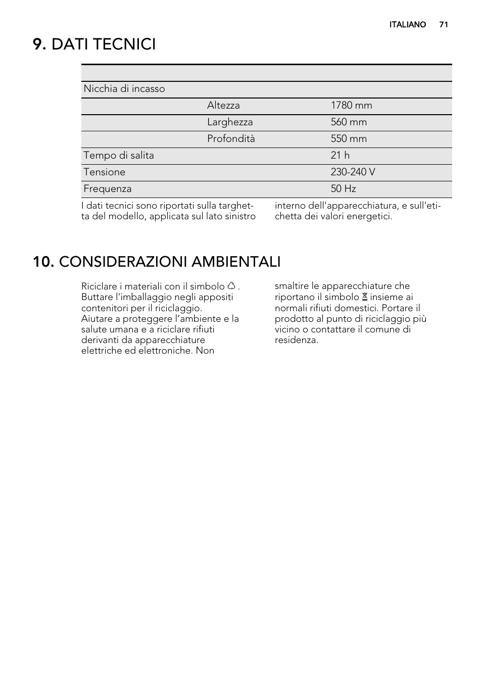 Dati tecnici, Considerazioni ambientali | AEG SKS81240F0 User Manual | Page 71 / 72