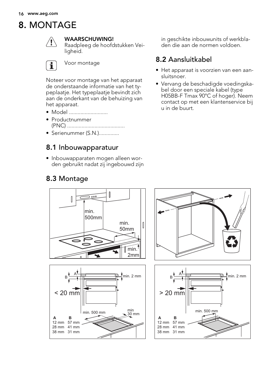 Montage, 1 inbouwapparatuur, 2 aansluitkabel | 3 montage, 20 mm | AEG HK654400XB User Manual | Page 16 / 72