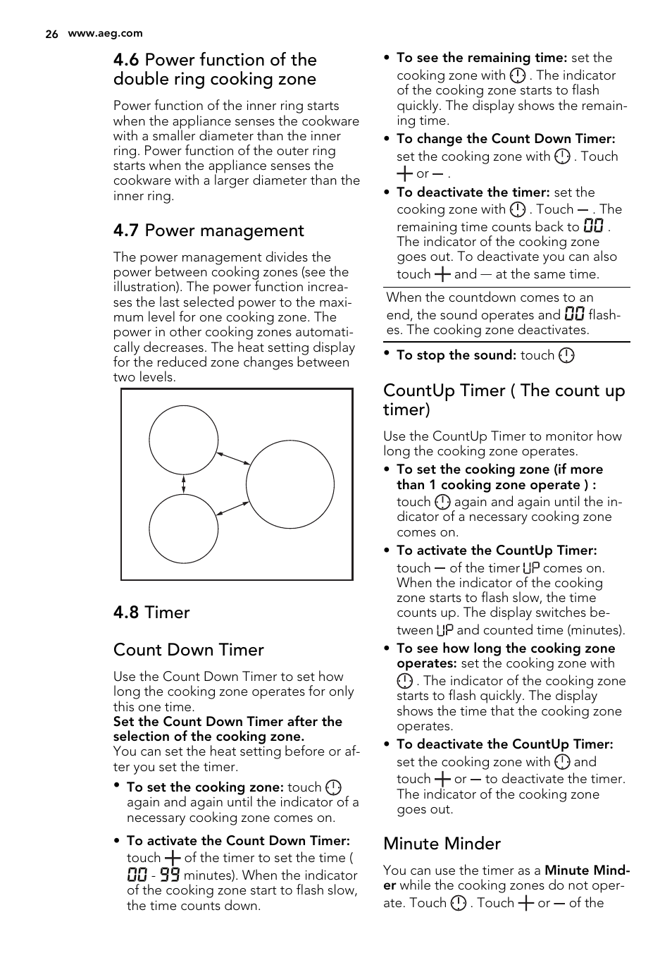 6 power function of the double ring cooking zone, 7 power management, 8 timer count down timer | Countup timer ( the count up timer), Minute minder | AEG HK654400XB User Manual | Page 26 / 72