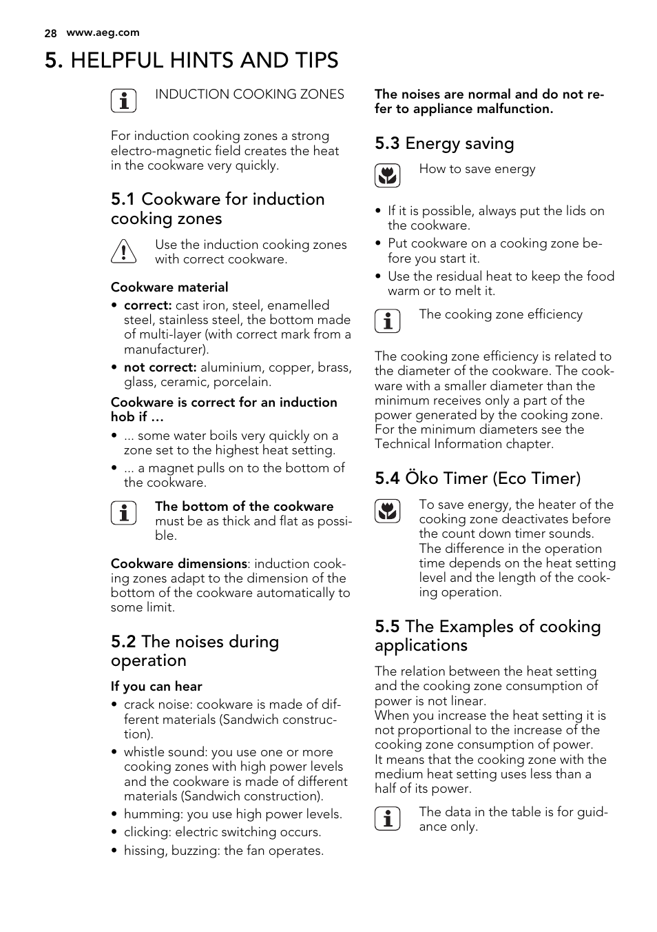Helpful hints and tips, 1 cookware for induction cooking zones, 2 the noises during operation | 3 energy saving, 4 öko timer (eco timer), 5 the examples of cooking applications | AEG HK654400XB User Manual | Page 28 / 72