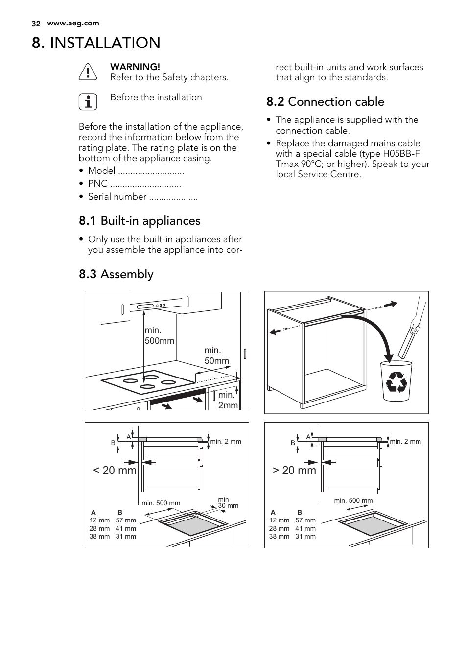 Installation, 1 built-in appliances, 2 connection cable | 3 assembly, 20 mm | AEG HK654400XB User Manual | Page 32 / 72