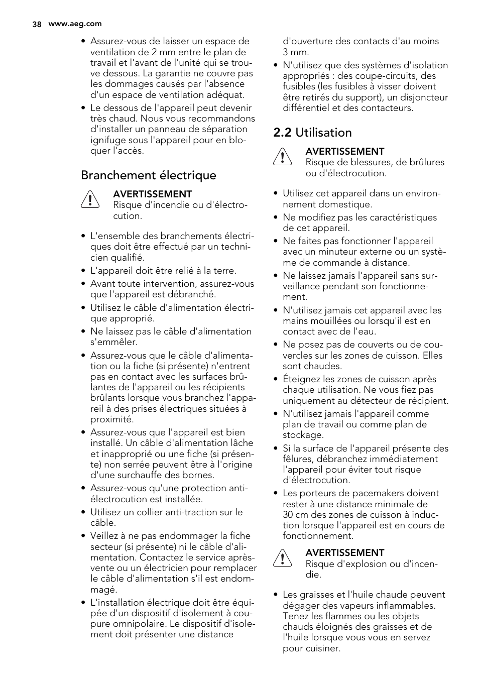 Branchement électrique, 2 utilisation | AEG HK654400XB User Manual | Page 38 / 72