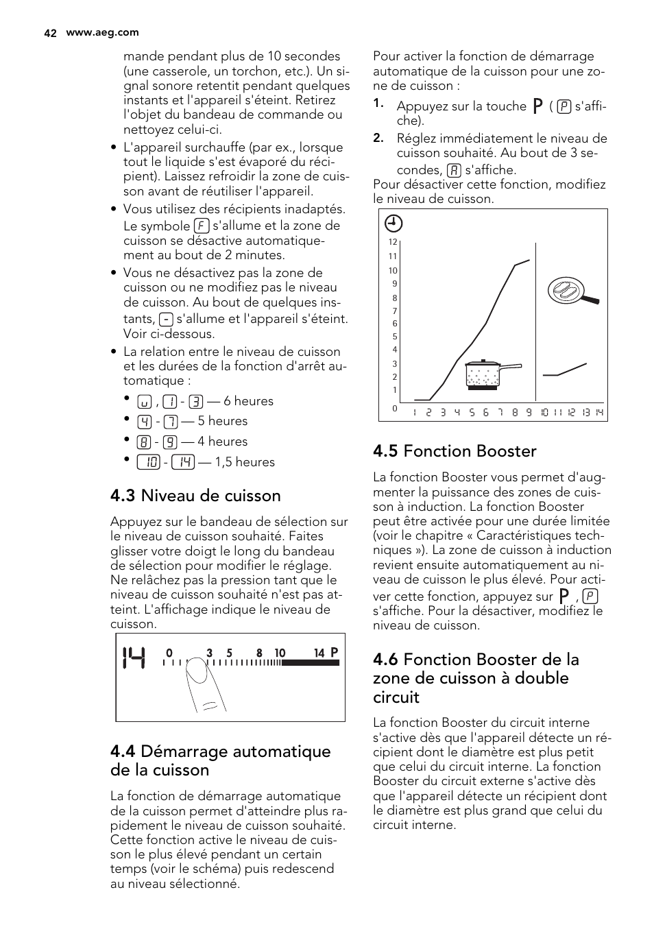 3 niveau de cuisson, 4 démarrage automatique de la cuisson, 5 fonction booster | AEG HK654400XB User Manual | Page 42 / 72