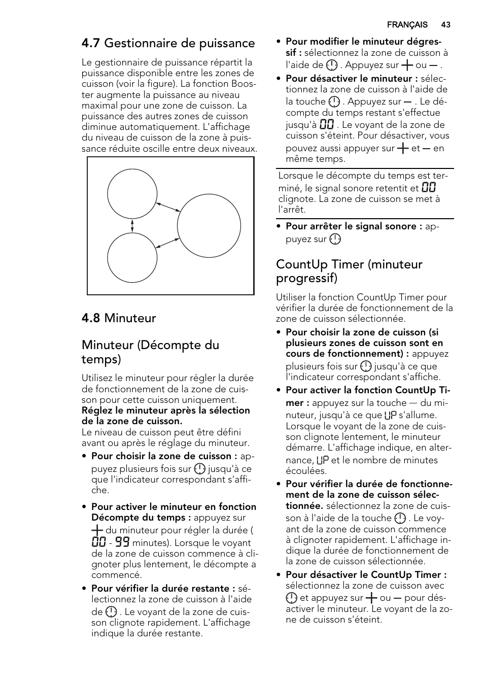 7 gestionnaire de puissance, 8 minuteur minuteur (décompte du temps), Countup timer (minuteur progressif) | AEG HK654400XB User Manual | Page 43 / 72