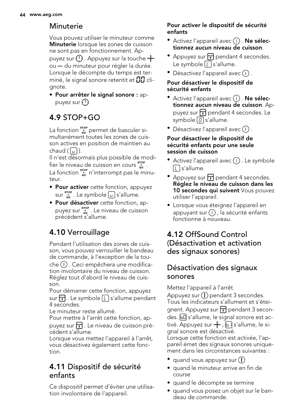 Minuterie, 9 stop+go, 10 verrouillage | 11 dispositif de sécurité enfants | AEG HK654400XB User Manual | Page 44 / 72