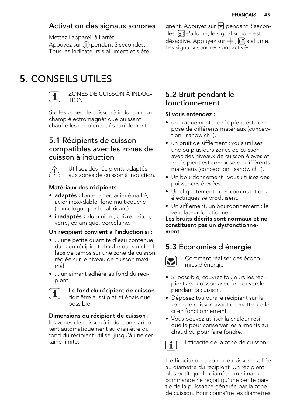 Conseils utiles, Activation des signaux sonores, 2 bruit pendant le fonctionnement | 3 économies d'énergie | AEG HK654400XB User Manual | Page 45 / 72