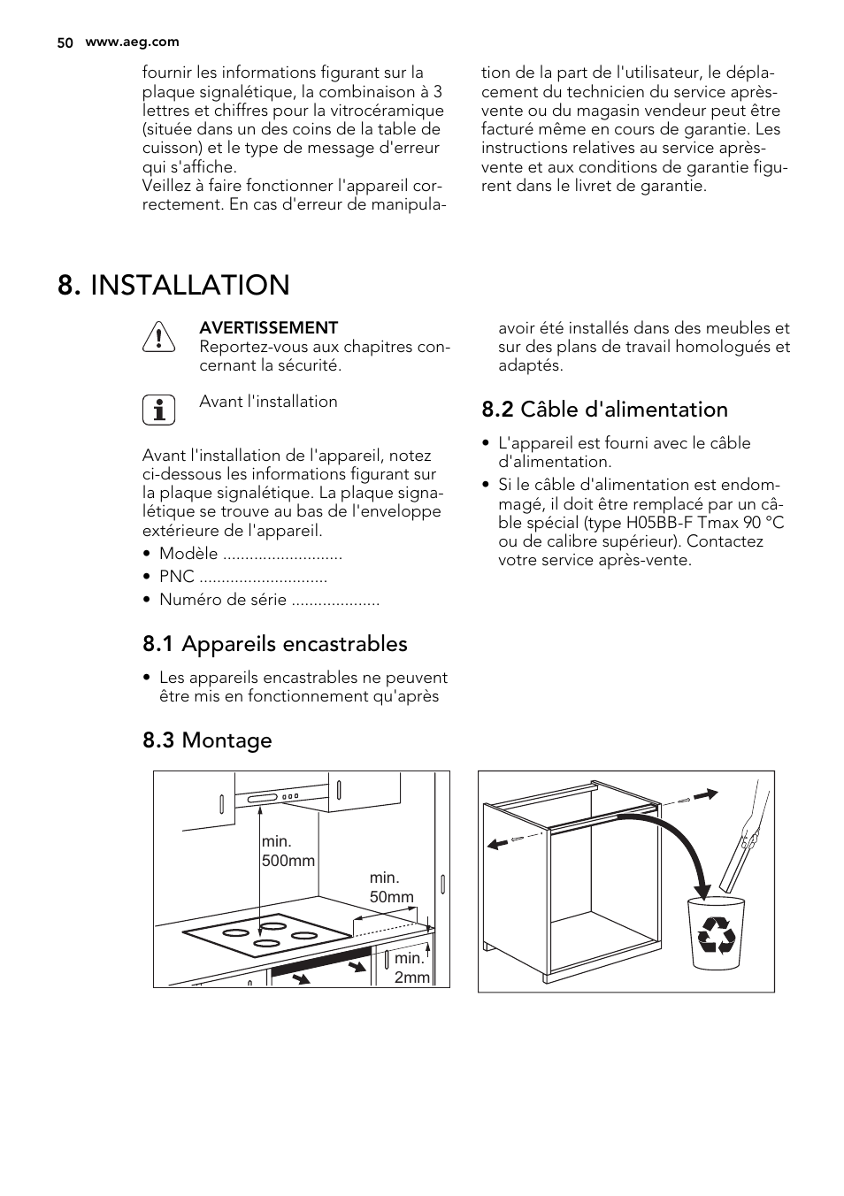 Installation, 1 appareils encastrables, 2 câble d'alimentation | 3 montage | AEG HK654400XB User Manual | Page 50 / 72