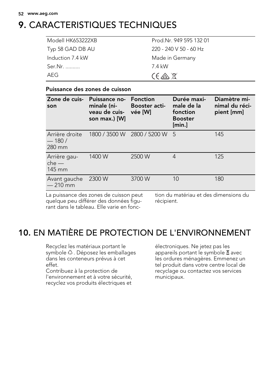 Caracteristiques techniques, En matière de protection de l'environnement | AEG HK654400XB User Manual | Page 52 / 72