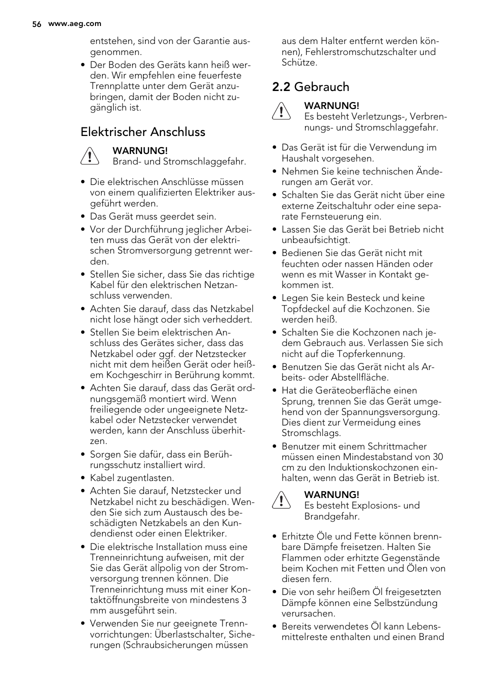 Elektrischer anschluss, 2 gebrauch | AEG HK654400XB User Manual | Page 56 / 72
