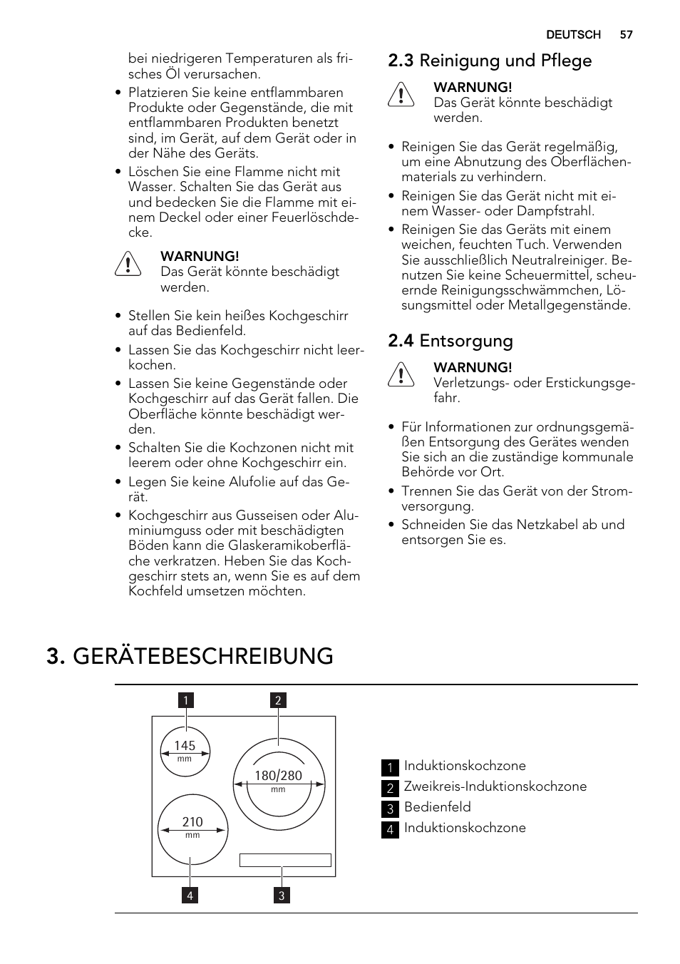 Gerätebeschreibung, 3 reinigung und pflege, 4 entsorgung | AEG HK654400XB User Manual | Page 57 / 72