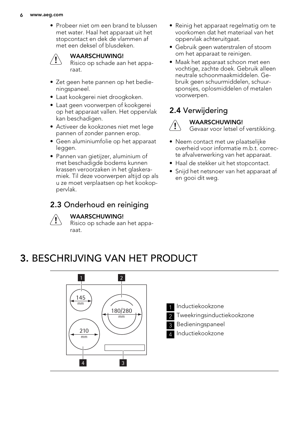 Beschrijving van het product, 3 onderhoud en reiniging, 4 verwijdering | AEG HK654400XB User Manual | Page 6 / 72