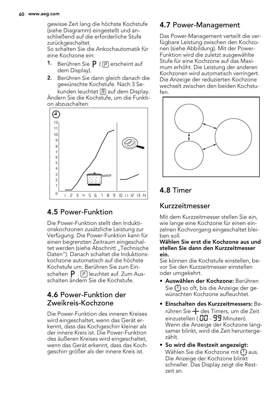 5 power-funktion, 6 power-funktion der zweikreis-kochzone, 7 power-management | 8 timer kurzzeitmesser | AEG HK654400XB User Manual | Page 60 / 72