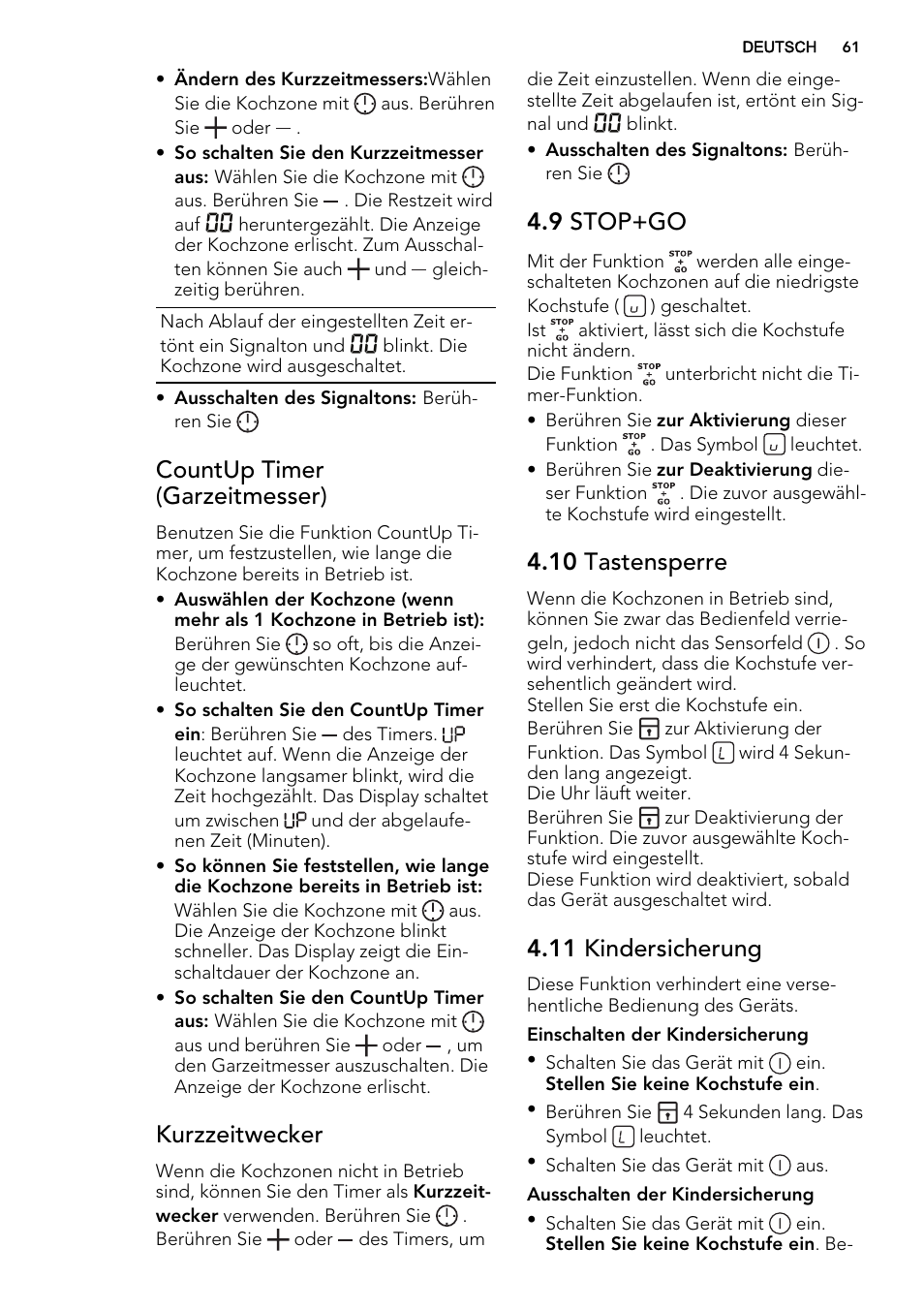 Countup timer (garzeitmesser), Kurzzeitwecker, 9 stop+go | 10 tastensperre, 11 kindersicherung | AEG HK654400XB User Manual | Page 61 / 72