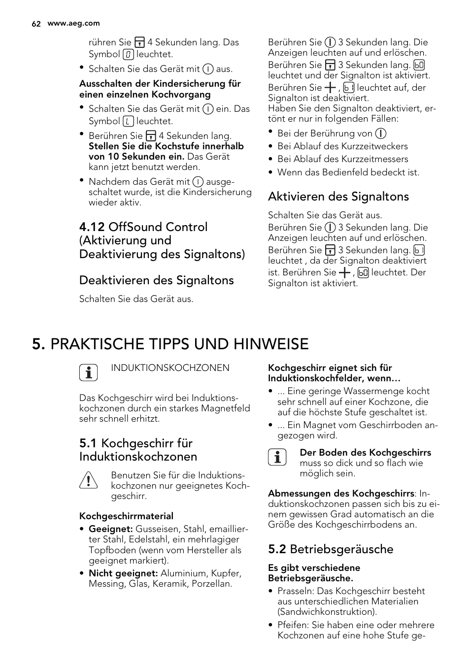Praktische tipps und hinweise, Aktivieren des signaltons, 1 kochgeschirr für induktionskochzonen | 2 betriebsgeräusche | AEG HK654400XB User Manual | Page 62 / 72