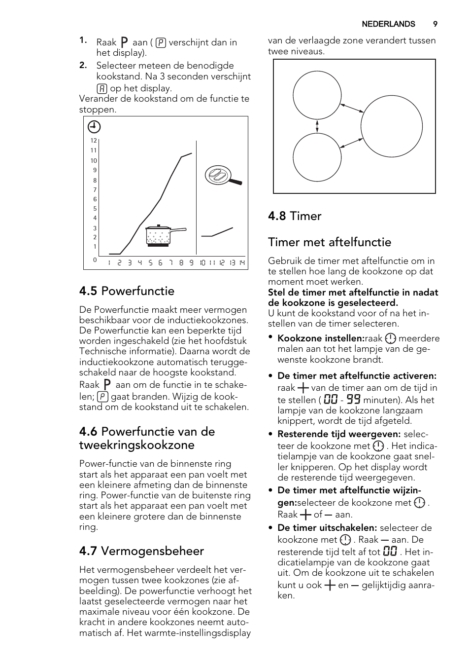 5 powerfunctie, 6 powerfunctie van de tweekringskookzone, 7 vermogensbeheer | 8 timer timer met aftelfunctie | AEG HK654400XB User Manual | Page 9 / 72