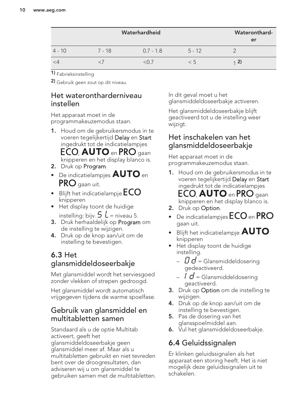 Het waterontharderniveau instellen, 3 het glansmiddeldoseerbakje, Gebruik van glansmiddel en multitabletten samen | Het inschakelen van het glansmiddeldoseerbakje, 4 geluidssignalen | AEG F99709M0P User Manual | Page 10 / 76