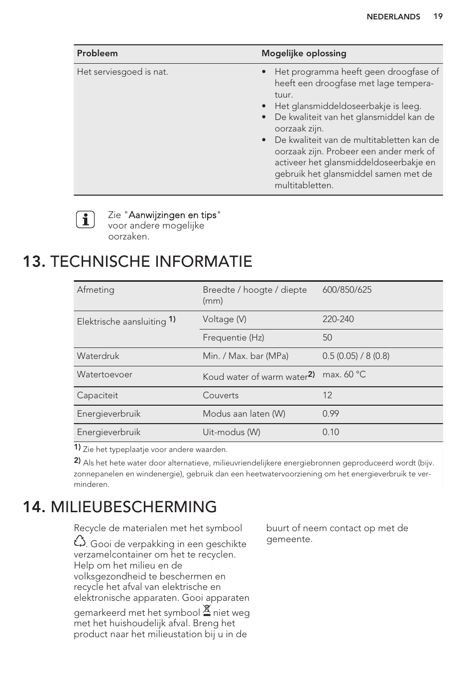 Technische informatie, Milieubescherming | AEG F99709M0P User Manual | Page 19 / 76