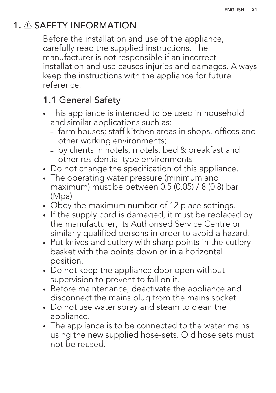 Safety information, 1 general safety | AEG F99709M0P User Manual | Page 21 / 76