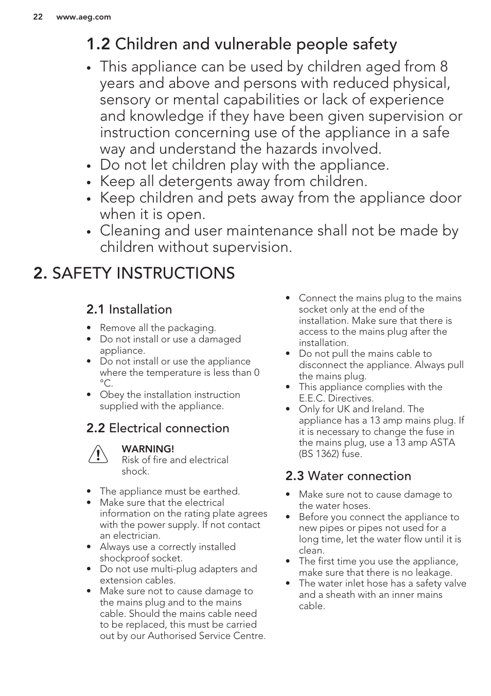 2 children and vulnerable people safety, Safety instructions, 1 installation | 2 electrical connection, 3 water connection, Do not let children play with the appliance, Keep all detergents away from children | AEG F99709M0P User Manual | Page 22 / 76