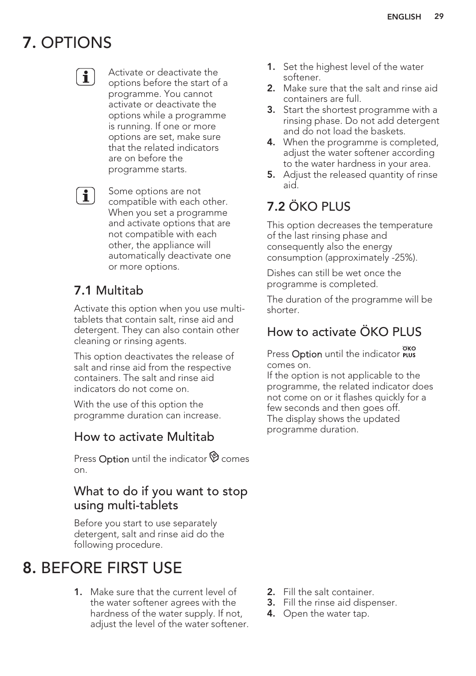 Options, 1 multitab, How to activate multitab | What to do if you want to stop using multi-tablets, 2 öko plus, How to activate öko plus, Before first use, Options 8. before first use | AEG F99709M0P User Manual | Page 29 / 76