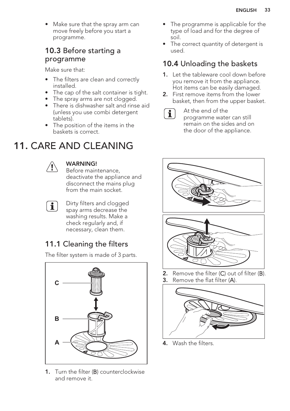 3 before starting a programme, 4 unloading the baskets, Care and cleaning | 1 cleaning the filters | AEG F99709M0P User Manual | Page 33 / 76