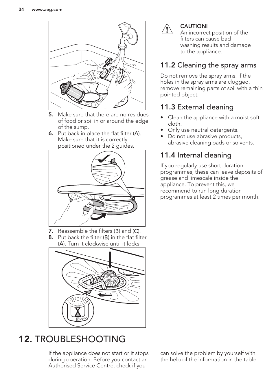 2 cleaning the spray arms, 3 external cleaning, 4 internal cleaning | Troubleshooting | AEG F99709M0P User Manual | Page 34 / 76