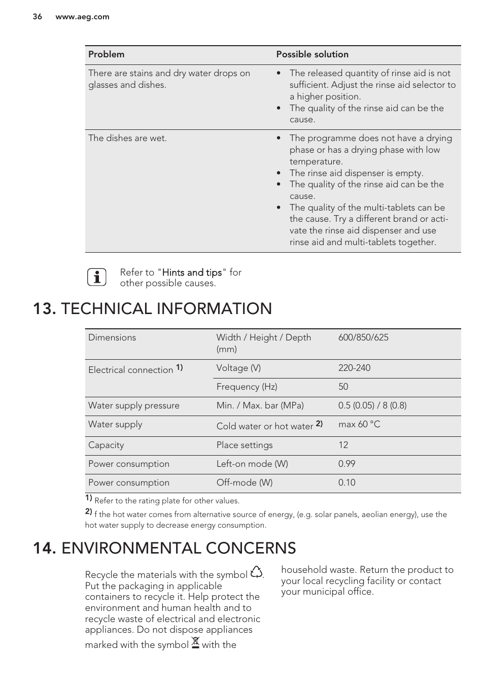 Technical information, Environmental concerns | AEG F99709M0P User Manual | Page 36 / 76