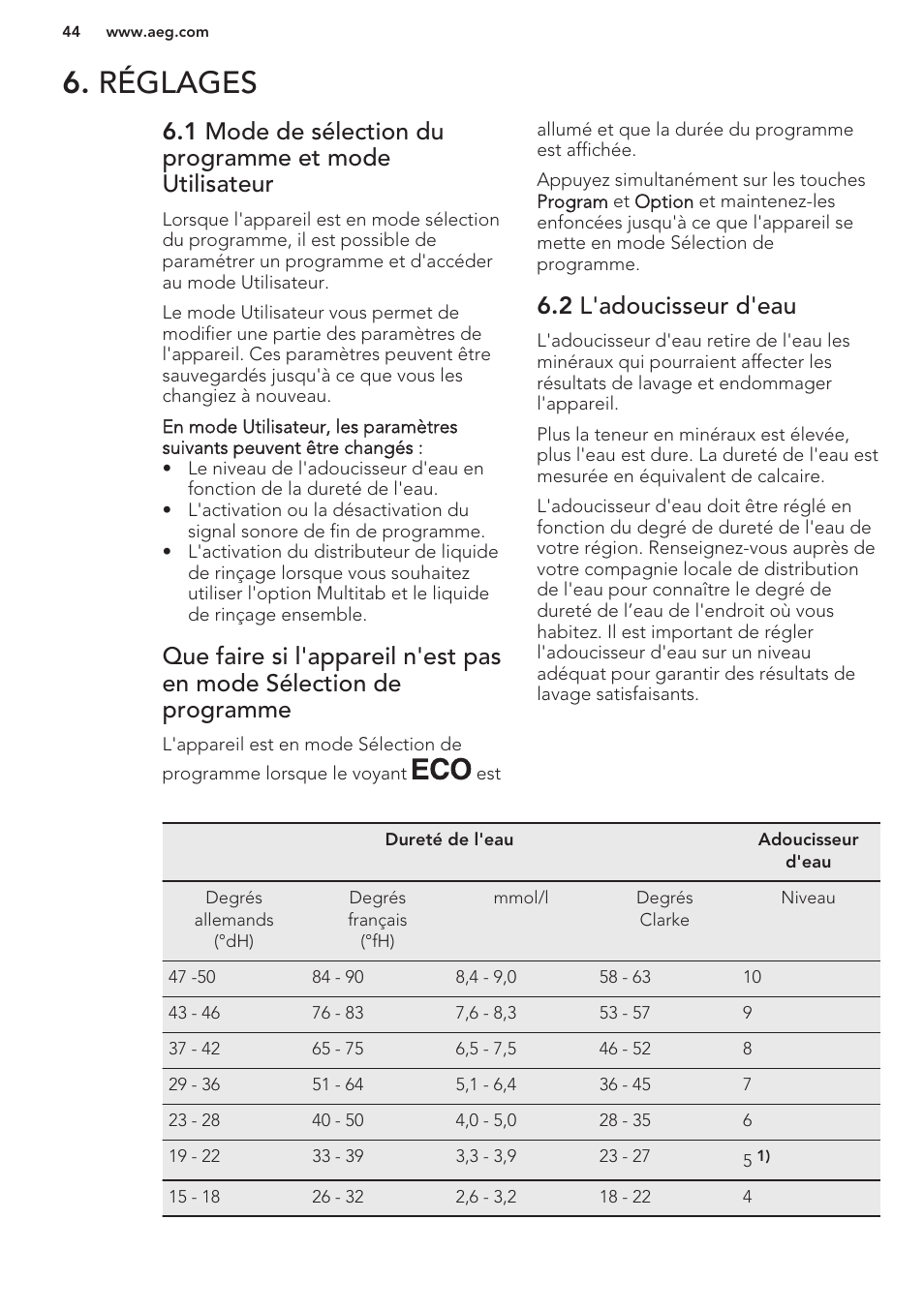 Réglages, 2 l'adoucisseur d'eau | AEG F99709M0P User Manual | Page 44 / 76