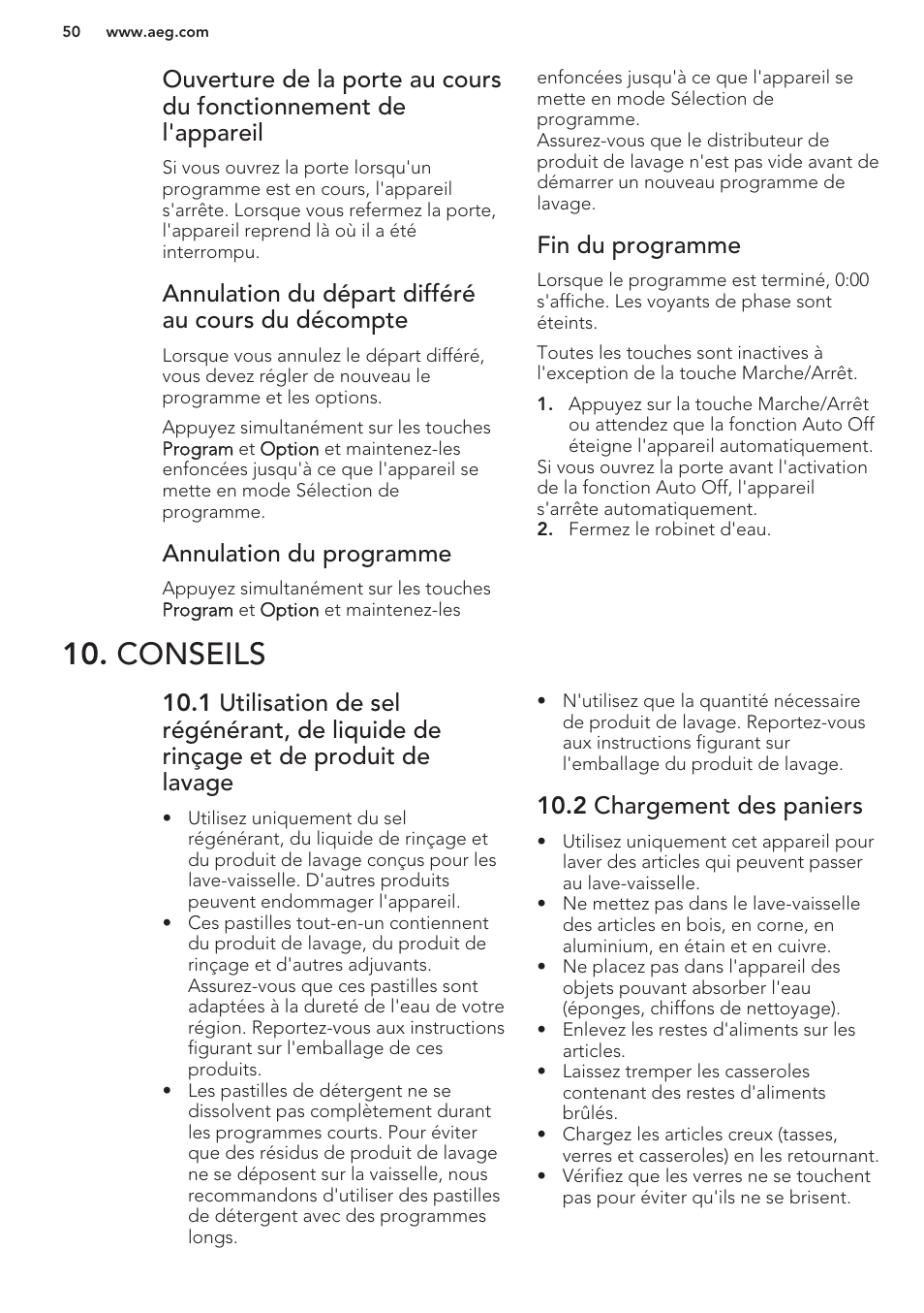 Annulation du départ différé au cours du décompte, Annulation du programme, Fin du programme | Conseils, 2 chargement des paniers | AEG F99709M0P User Manual | Page 50 / 76