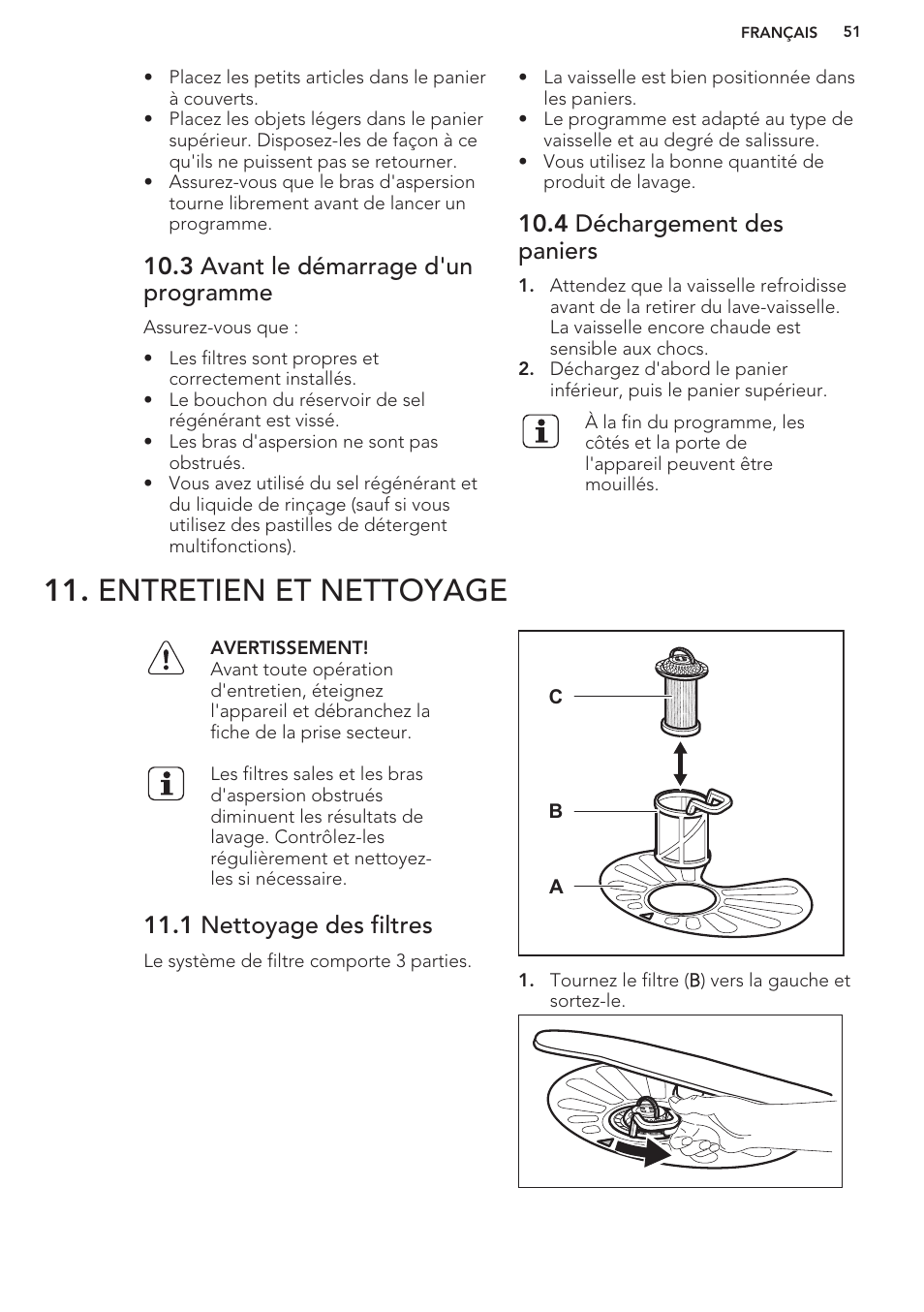 3 avant le démarrage d'un programme, 4 déchargement des paniers, Entretien et nettoyage | 1 nettoyage des filtres | AEG F99709M0P User Manual | Page 51 / 76