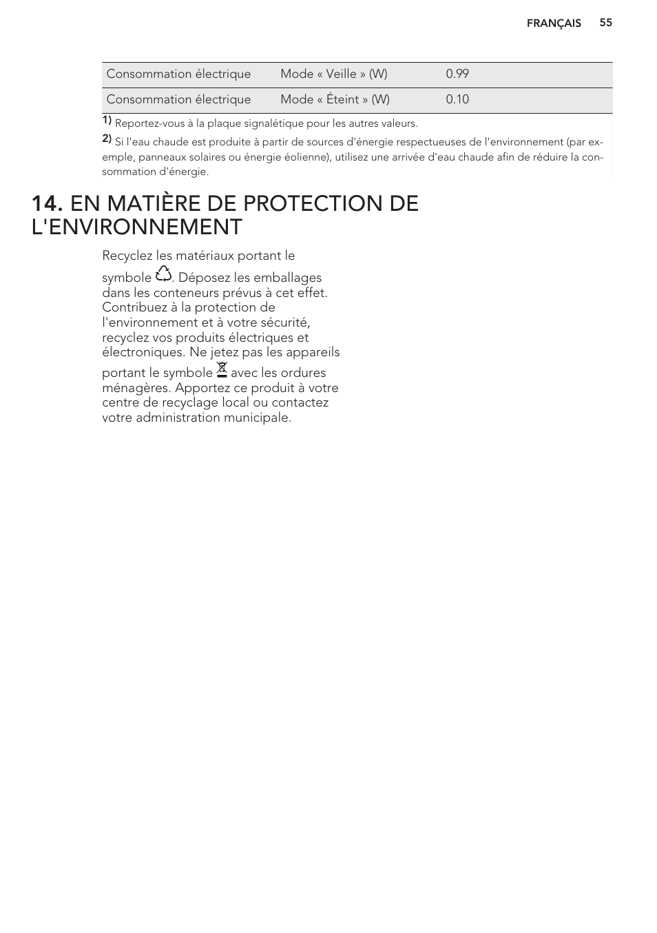 En matière de protection de l'environnement | AEG F99709M0P User Manual | Page 55 / 76