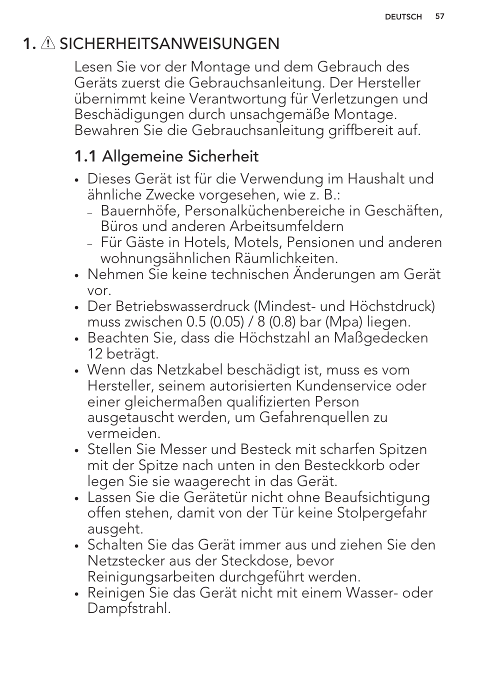 Sicherheitsanweisungen, 1 allgemeine sicherheit | AEG F99709M0P User Manual | Page 57 / 76