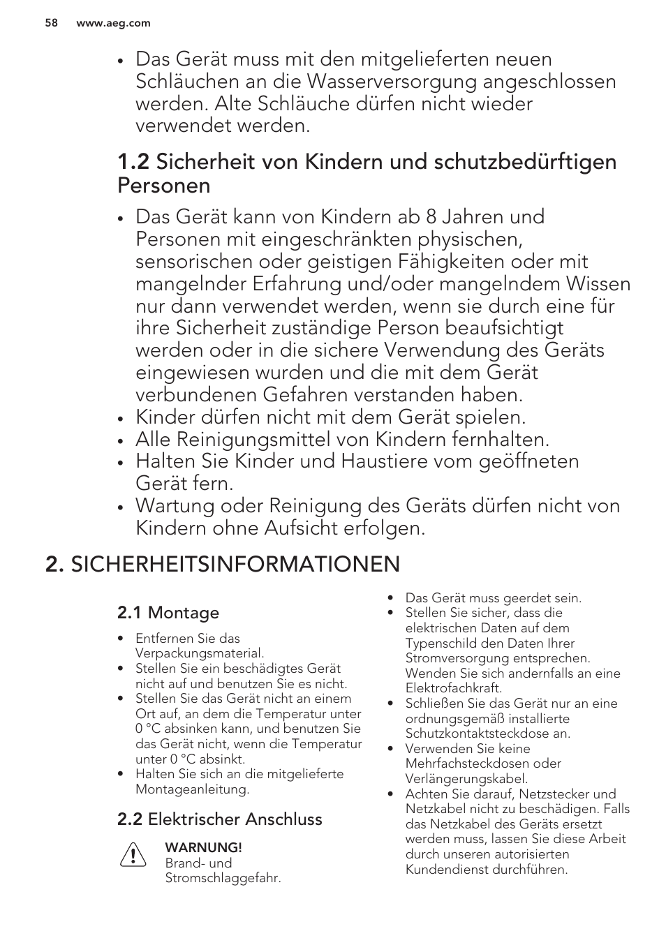 Sicherheitsinformationen, 1 montage, 2 elektrischer anschluss | Kinder dürfen nicht mit dem gerät spielen, Alle reinigungsmittel von kindern fernhalten | AEG F99709M0P User Manual | Page 58 / 76