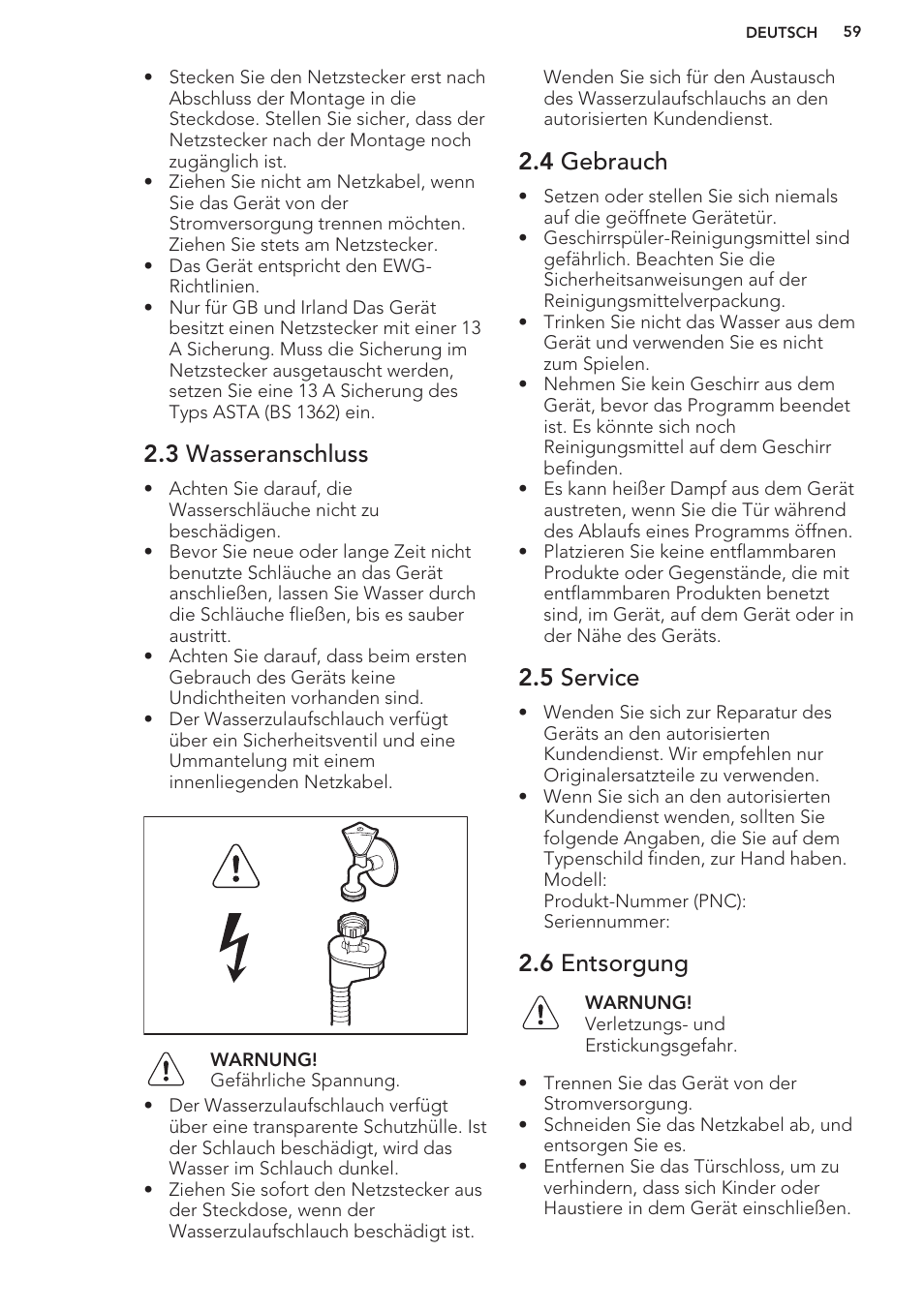 3 wasseranschluss, 4 gebrauch, 5 service | 6 entsorgung | AEG F99709M0P User Manual | Page 59 / 76