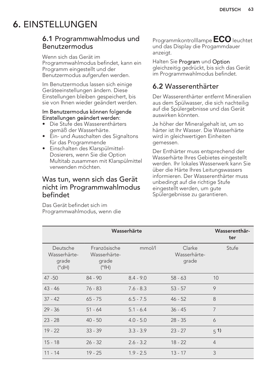 Einstellungen, 1 programmwahlmodus und benutzermodus, 2 wasserenthärter | AEG F99709M0P User Manual | Page 63 / 76