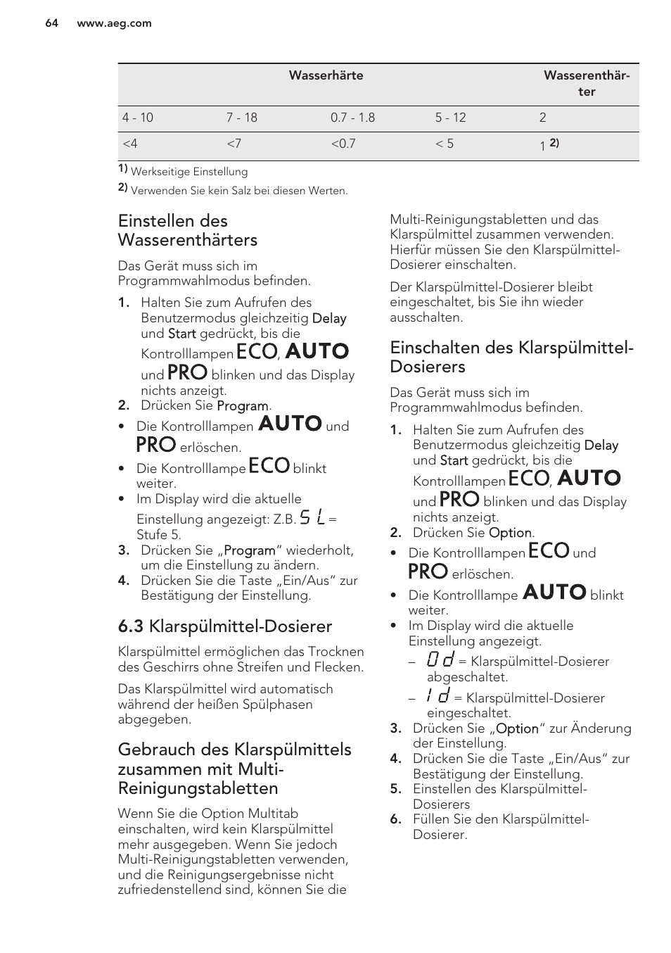 Einstellen des wasserenthärters, 3 klarspülmittel-dosierer, Einschalten des klarspülmittel-dosierers | Einschalten des klarspülmittel- dosierers | AEG F99709M0P User Manual | Page 64 / 76