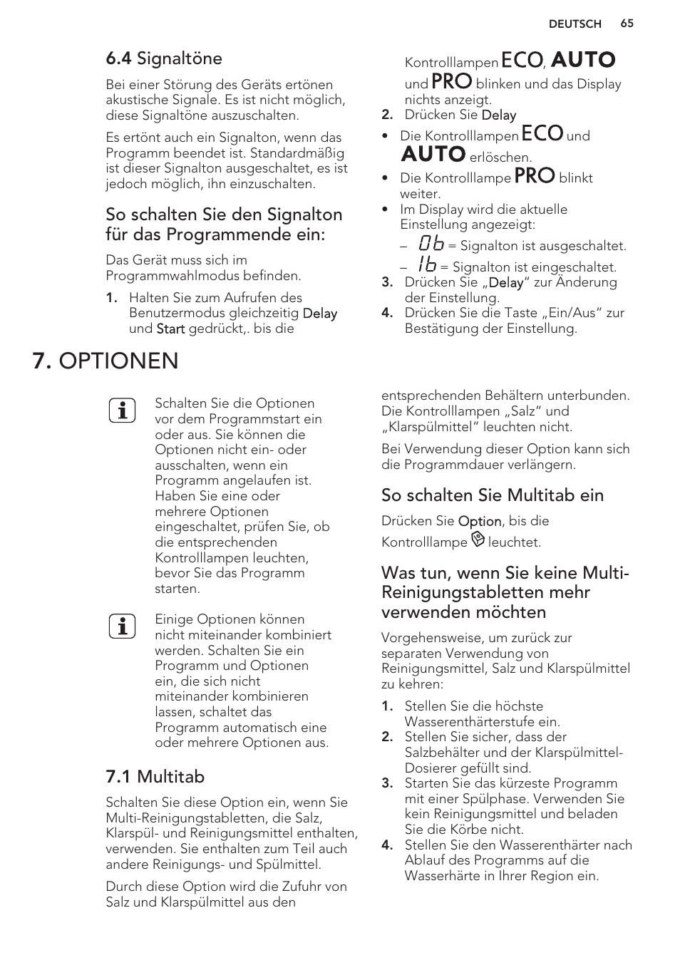 4 signaltöne, Optionen, 1 multitab | So schalten sie multitab ein | AEG F99709M0P User Manual | Page 65 / 76