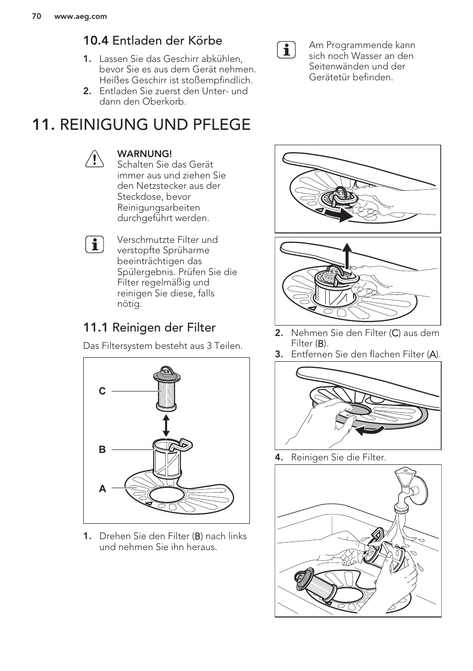 4 entladen der körbe, Reinigung und pflege, 1 reinigen der filter | AEG F99709M0P User Manual | Page 70 / 76