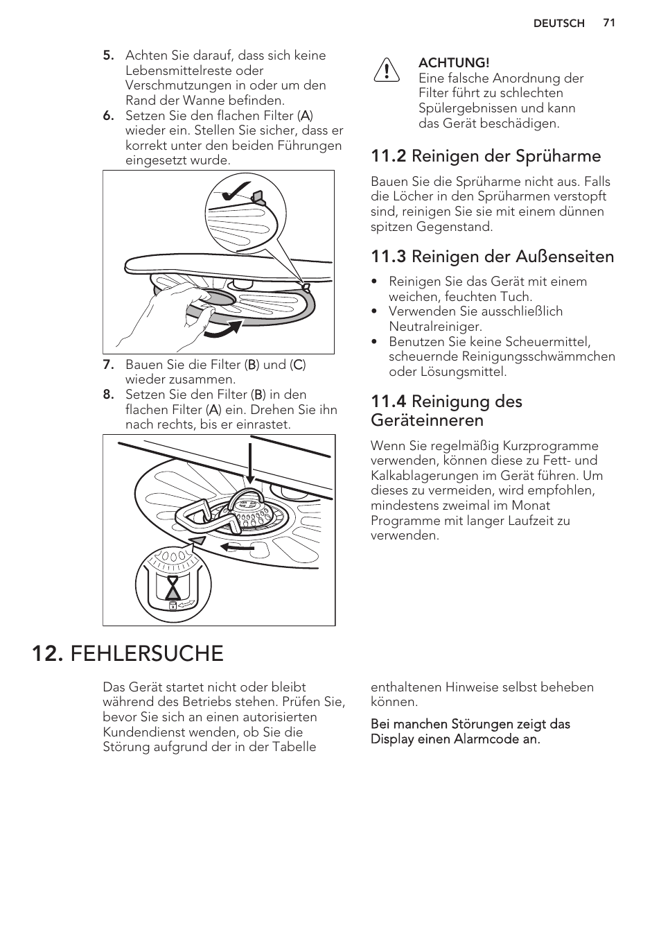 2 reinigen der sprüharme, 3 reinigen der außenseiten, 4 reinigung des geräteinneren | Fehlersuche | AEG F99709M0P User Manual | Page 71 / 76