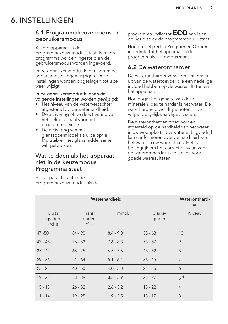 Instellingen, 1 programmakeuzemodus en gebruikersmodus, 2 de waterontharder | AEG F99709M0P User Manual | Page 9 / 76