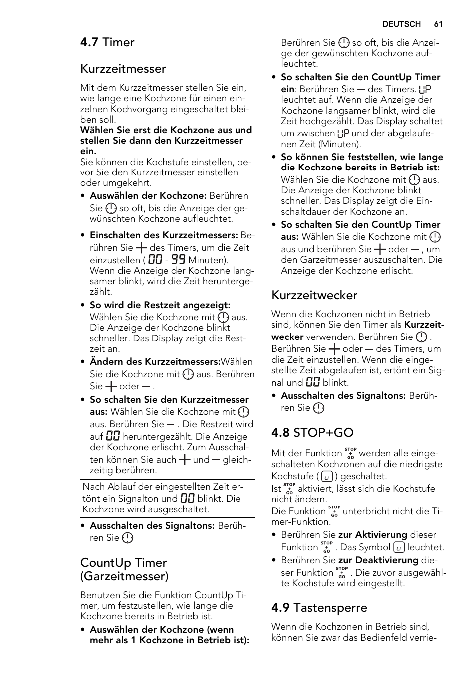 7 timer kurzzeitmesser, Countup timer (garzeitmesser), Kurzzeitwecker | 8 stop+go, 9 tastensperre | AEG HK653222XB User Manual | Page 61 / 72