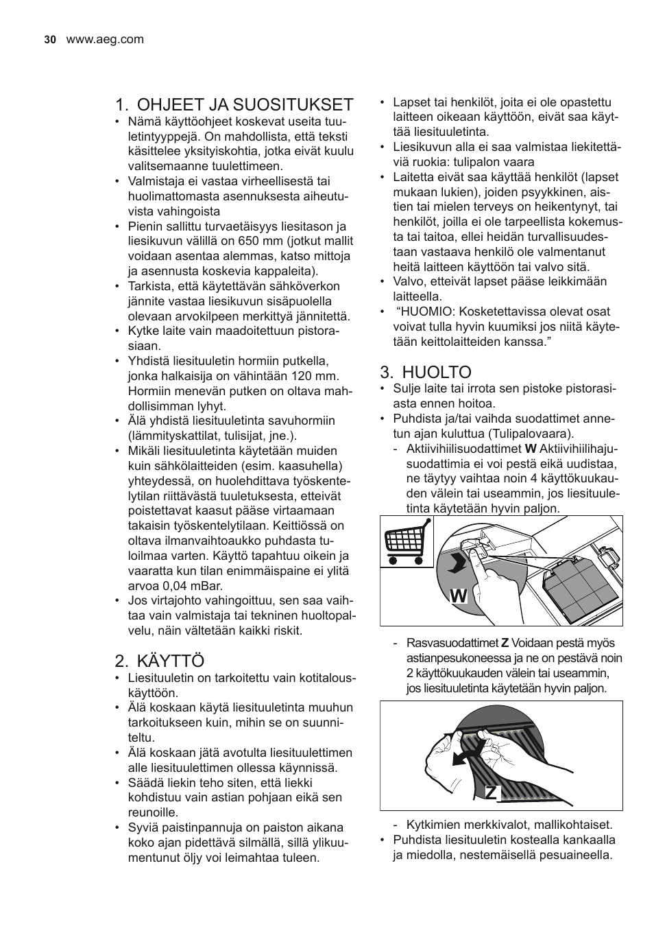 Ohjeet ja suositukset, Käyttö, Huolto | AEG X78263BV1 User Manual | Page 30 / 96