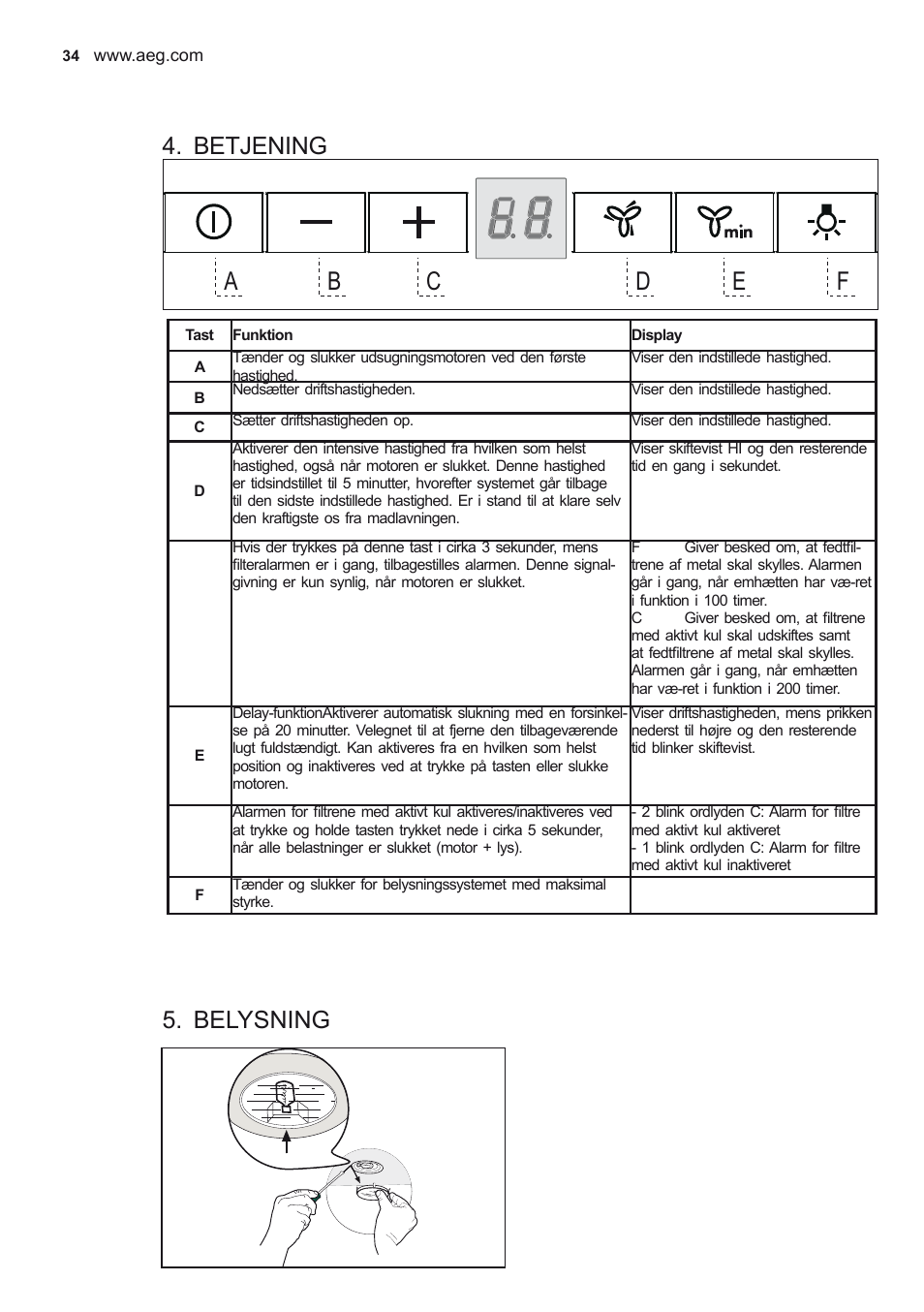 Betjening, Belysning | AEG X78263BV1 User Manual | Page 34 / 96