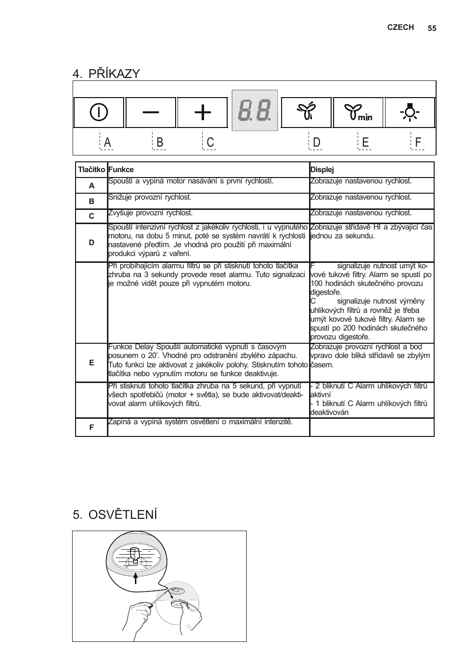 Příkazy, Osvětlení | AEG X78263BV1 User Manual | Page 55 / 96