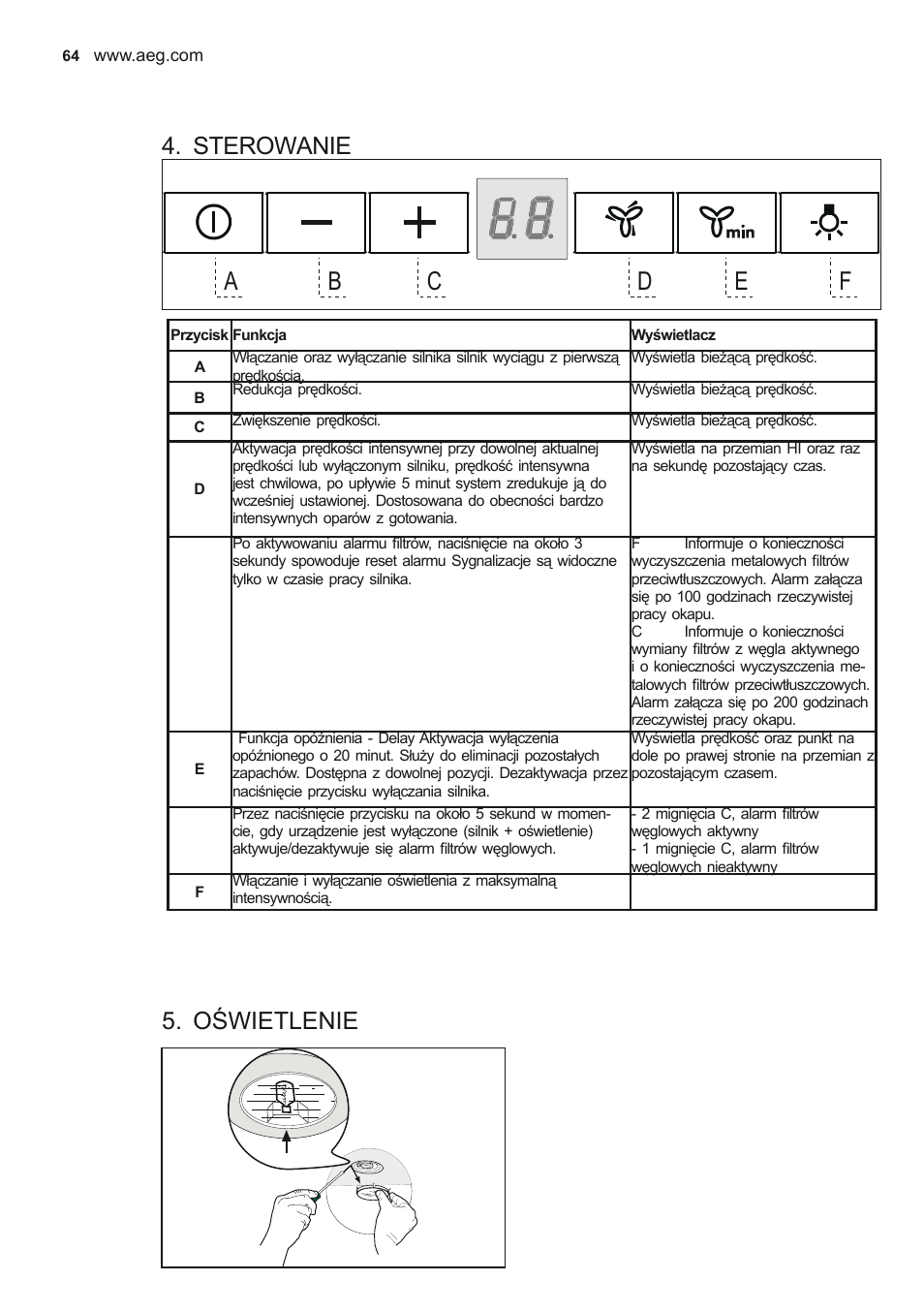 Sterowanie, Oświetlenie | AEG X78263BV1 User Manual | Page 64 / 96