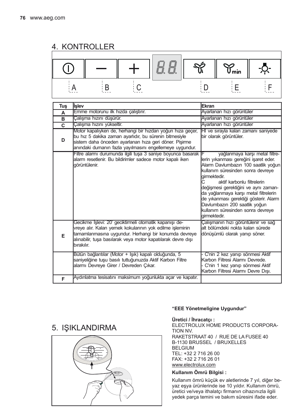 Kontroller, Işiklandirma | AEG X78263BV1 User Manual | Page 76 / 96