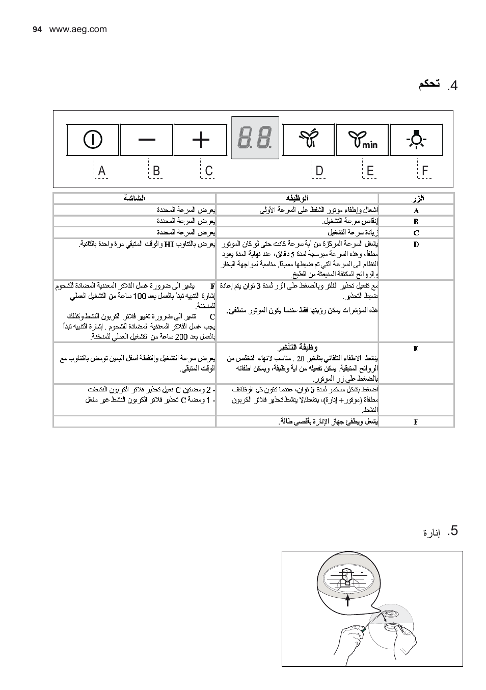 ﻢﻜﺤﺗ, ةرﺎﻧإ | AEG X78263BV1 User Manual | Page 94 / 96