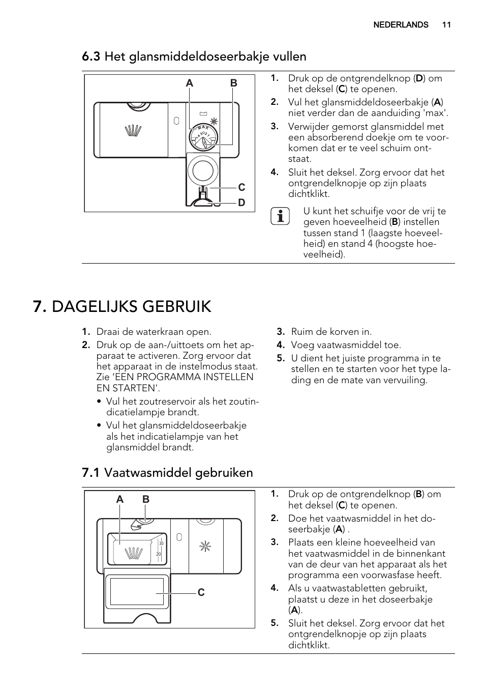 Dagelijks gebruik, 3 het glansmiddeldoseerbakje vullen, 1 vaatwasmiddel gebruiken | Ab d c, Ab c, Doe het vaatwasmiddel in het do- seerbakje ( a ) | AEG F77709M0P User Manual | Page 11 / 68